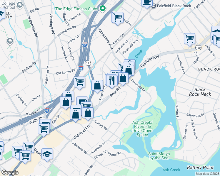 map of restaurants, bars, coffee shops, grocery stores, and more near 340 Post Road in Fairfield