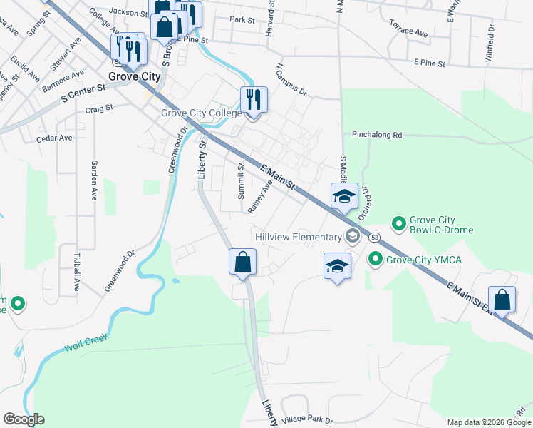 map of restaurants, bars, coffee shops, grocery stores, and more near 433 Flower Street in Grove City