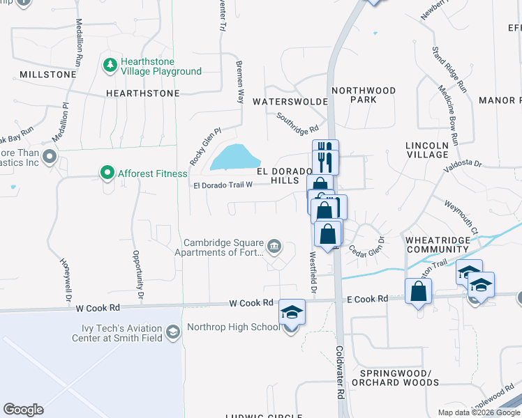 map of restaurants, bars, coffee shops, grocery stores, and more near 7802 Noble Ridge Place in Fort Wayne