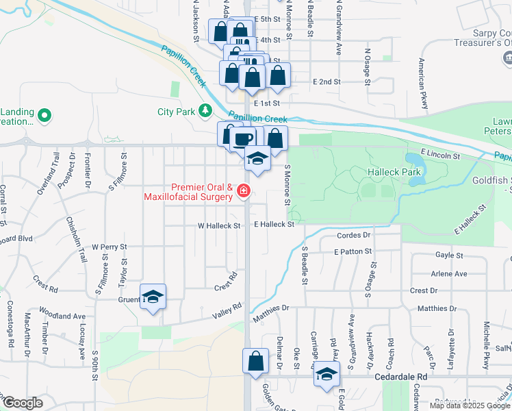 map of restaurants, bars, coffee shops, grocery stores, and more near 628 South Jefferson Street in Papillion
