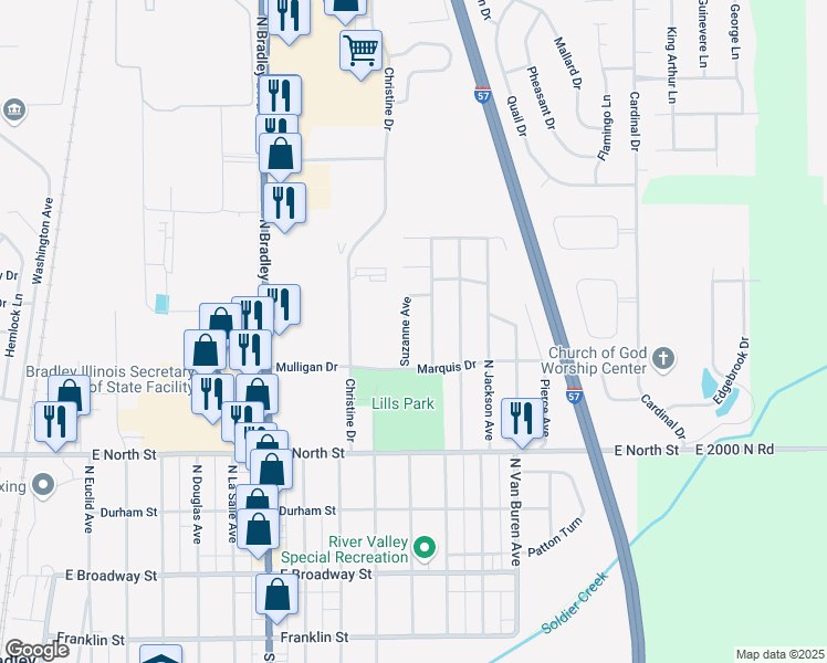 map of restaurants, bars, coffee shops, grocery stores, and more near 517 Suzanne Avenue in Bradley
