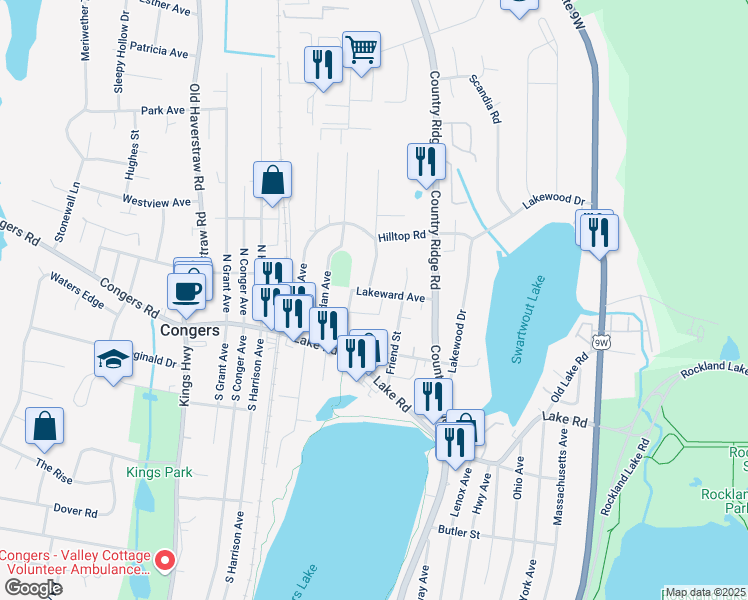 map of restaurants, bars, coffee shops, grocery stores, and more near 26 Lakeward Avenue in Congers