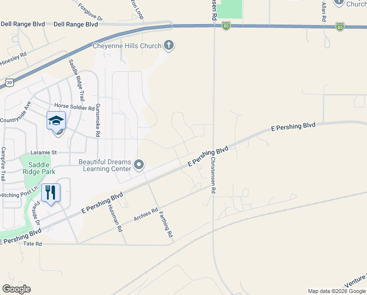 map of restaurants, bars, coffee shops, grocery stores, and more near 7903 East Pershing Boulevard in Cheyenne