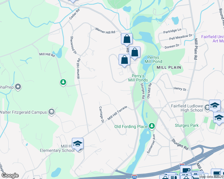 map of restaurants, bars, coffee shops, grocery stores, and more near 91 Meadow Ridge Road in Fairfield