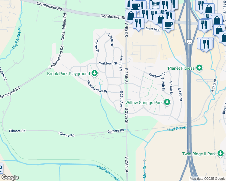 map of restaurants, bars, coffee shops, grocery stores, and more near 2602 Winding River Drive in Bellevue