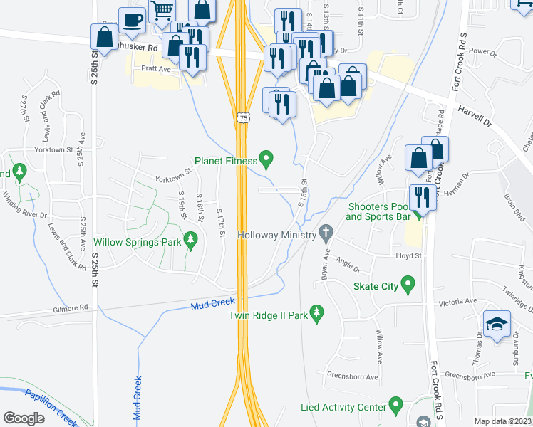 map of restaurants, bars, coffee shops, grocery stores, and more near 10804 South 15th Street in Bellevue