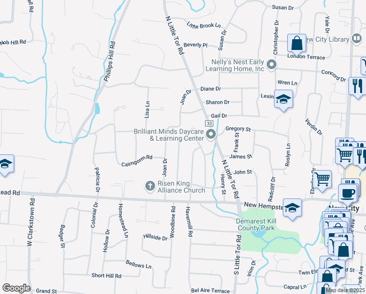 map of restaurants, bars, coffee shops, grocery stores, and more near 25 Hemptor Road in New City