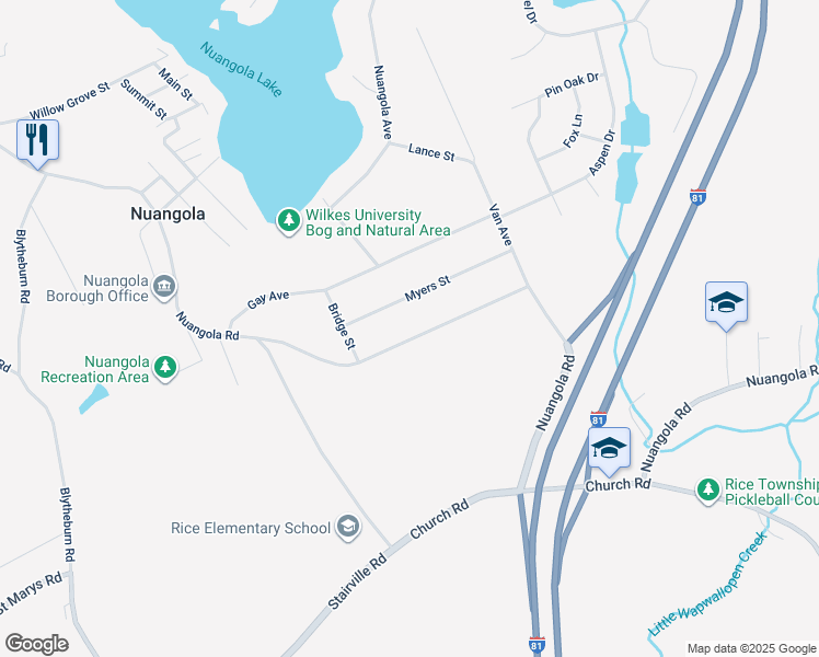 map of restaurants, bars, coffee shops, grocery stores, and more near 5053 Nuangola Road in Mountain Top