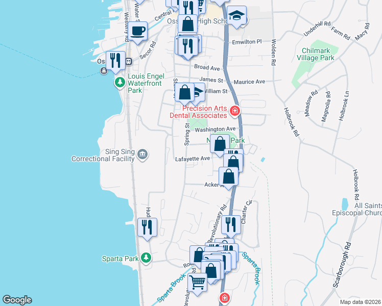 map of restaurants, bars, coffee shops, grocery stores, and more near 260 Spring Street in Ossining