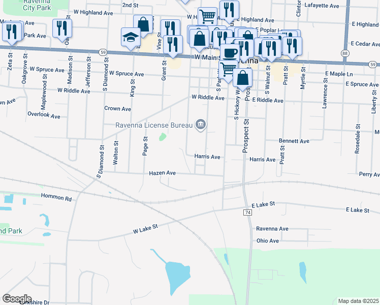 map of restaurants, bars, coffee shops, grocery stores, and more near 625 Hill Street in Ravenna