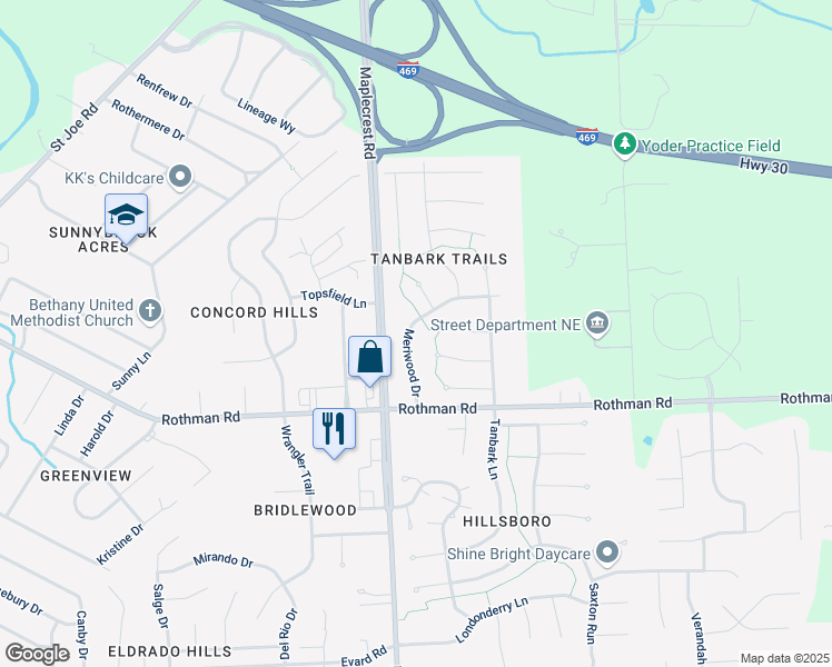 map of restaurants, bars, coffee shops, grocery stores, and more near 7516 Meriwood Drive in Fort Wayne