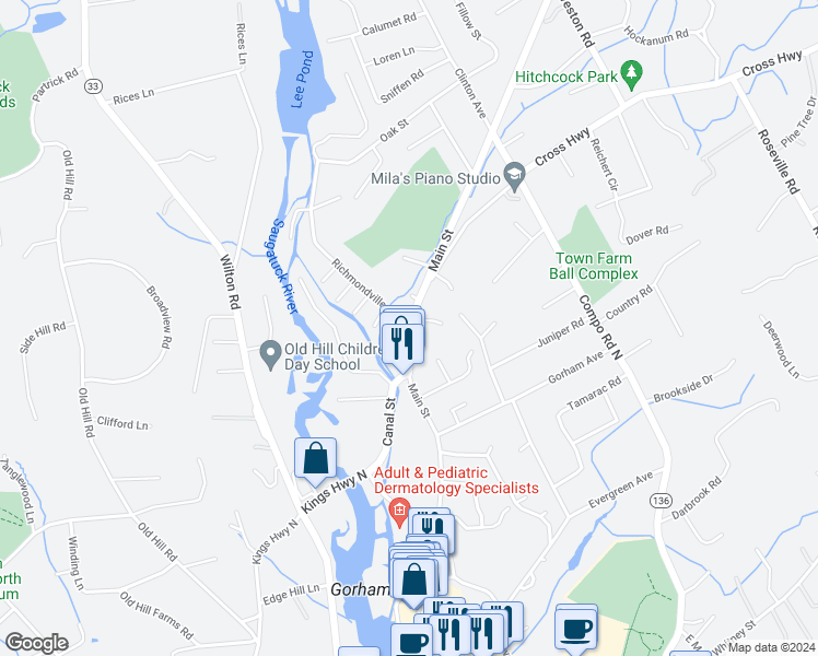 map of restaurants, bars, coffee shops, grocery stores, and more near 357 Main Street in Westport