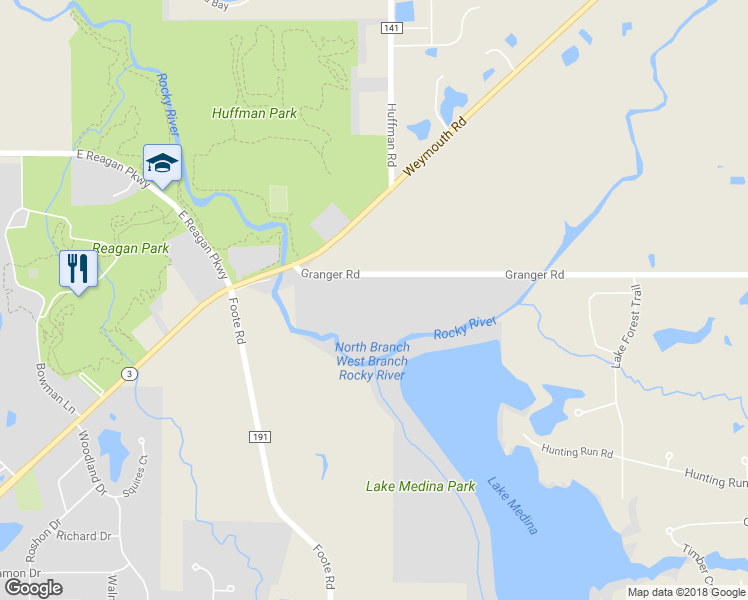 map of restaurants, bars, coffee shops, grocery stores, and more near 3976 Granger Road in Medina