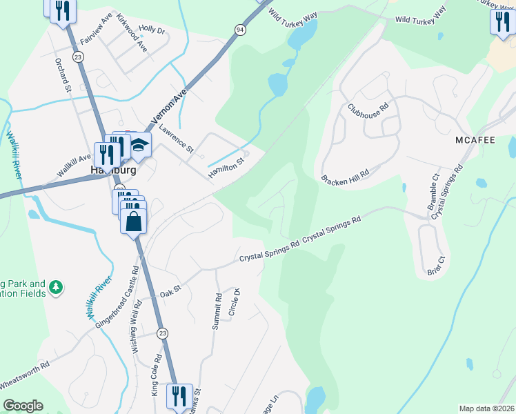 map of restaurants, bars, coffee shops, grocery stores, and more near 5 Crystal Springs Road in Hamburg