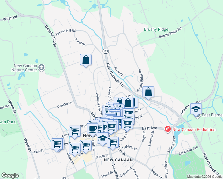 map of restaurants, bars, coffee shops, grocery stores, and more near 99 Forest Street in New Canaan