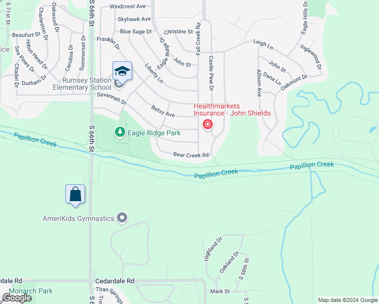 map of restaurants, bars, coffee shops, grocery stores, and more near 2142 Bear Creek Road in Papillion