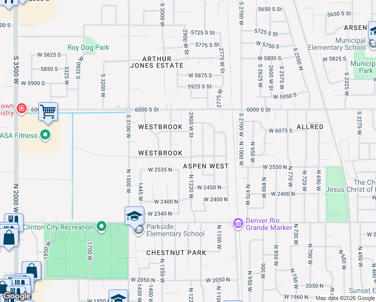 map of restaurants, bars, coffee shops, grocery stores, and more near 2627 North 1220 West in Clinton
