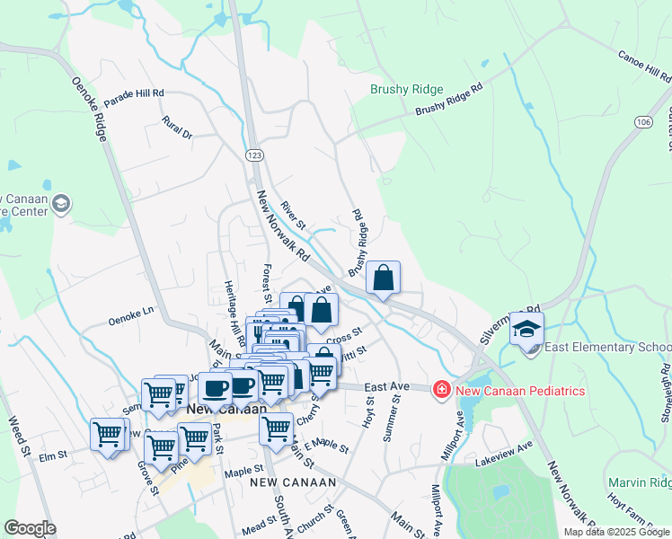 map of restaurants, bars, coffee shops, grocery stores, and more near 10 River Street in New Canaan