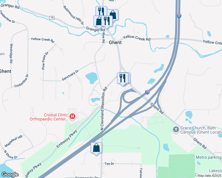 map of restaurants, bars, coffee shops, grocery stores, and more near 575 North Cleveland Massillon Road in Akron