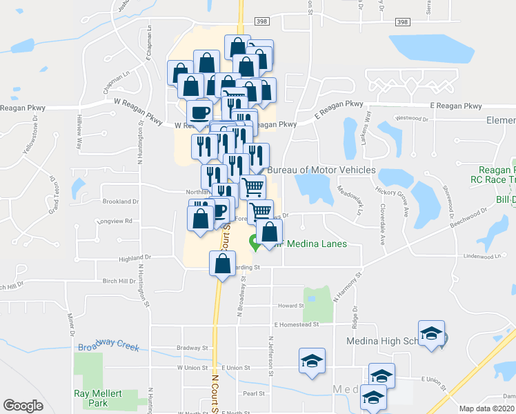 map of restaurants, bars, coffee shops, grocery stores, and more near 275 Forest Meadows Drive in Medina