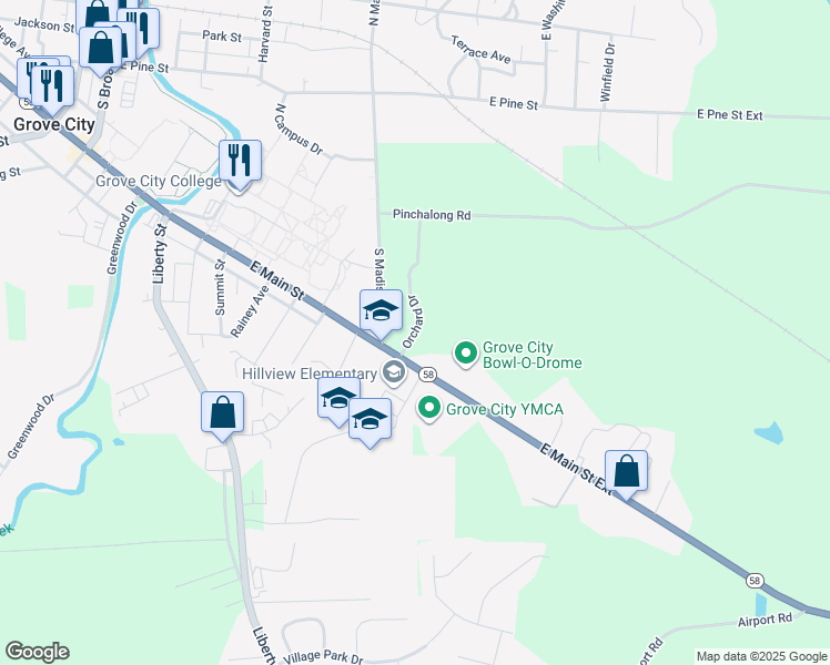 map of restaurants, bars, coffee shops, grocery stores, and more near 20 Orchard Drive in Grove City