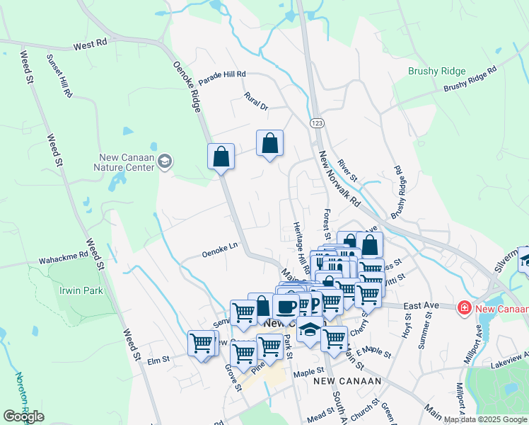 map of restaurants, bars, coffee shops, grocery stores, and more near 73 Oenoke Ridge in New Canaan
