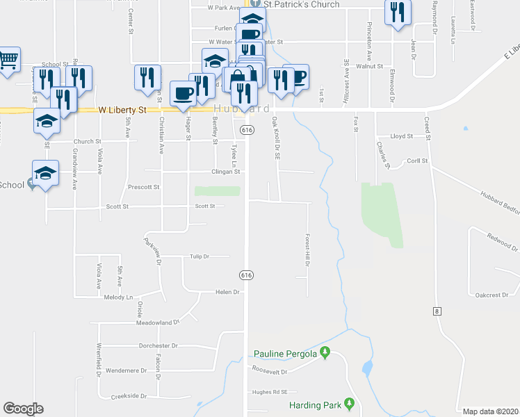 map of restaurants, bars, coffee shops, grocery stores, and more near 25 Belle Vista Drive in Hubbard
