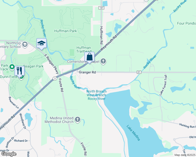 map of restaurants, bars, coffee shops, grocery stores, and more near 3976 Granger Road in Medina