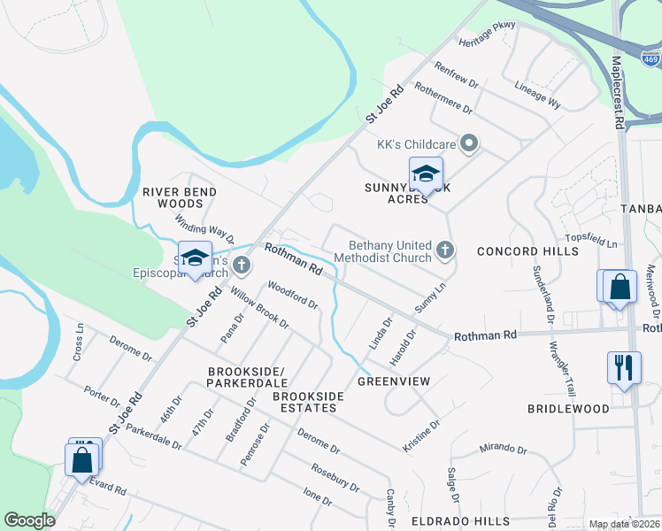 map of restaurants, bars, coffee shops, grocery stores, and more near 5045 Brook Drive in Fort Wayne