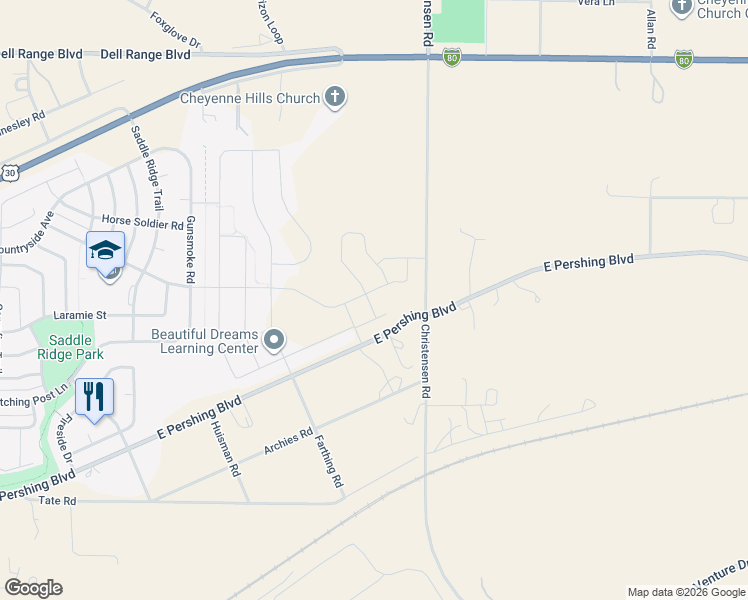 map of restaurants, bars, coffee shops, grocery stores, and more near 3819 Christensen Road in Cheyenne