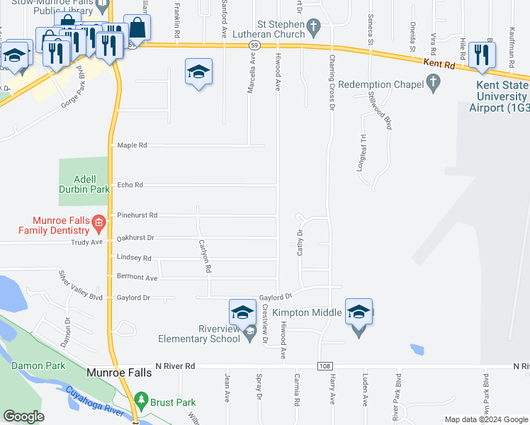 map of restaurants, bars, coffee shops, grocery stores, and more near 236 Pinehurst Road in Munroe Falls