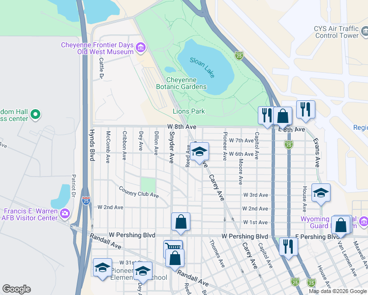 map of restaurants, bars, coffee shops, grocery stores, and more near 4004 Reed Avenue in Cheyenne
