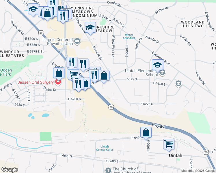 map of restaurants, bars, coffee shops, grocery stores, and more near 1885 Skyline Drive in South Ogden
