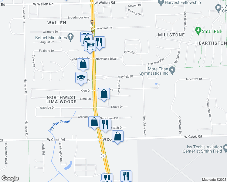 map of restaurants, bars, coffee shops, grocery stores, and more near 1521 Ashley Avenue in Fort Wayne