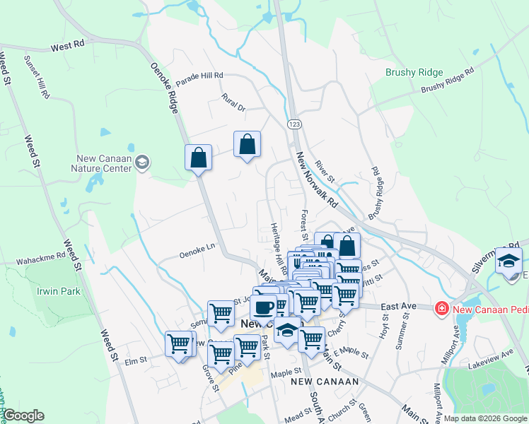 map of restaurants, bars, coffee shops, grocery stores, and more near 122 Heritage Hill Road in New Canaan