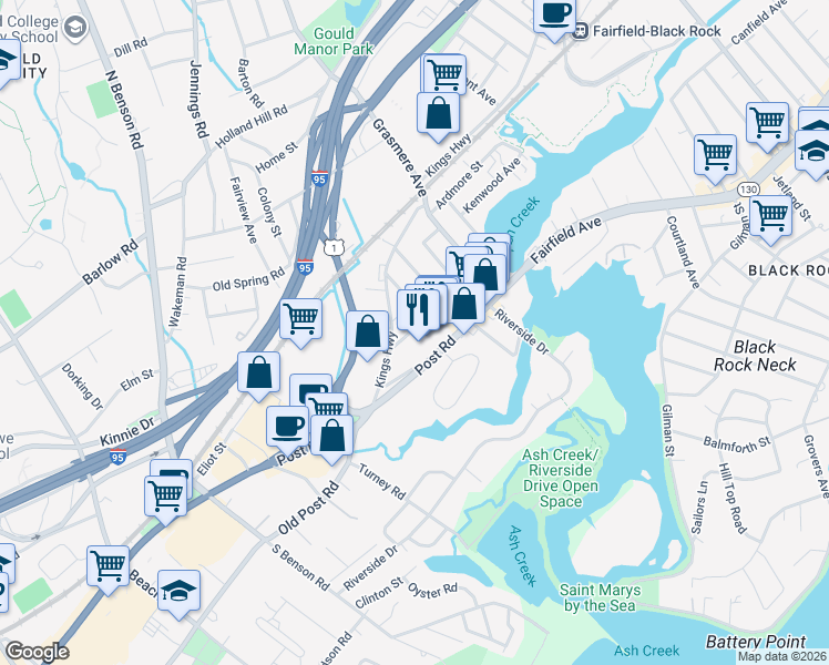 map of restaurants, bars, coffee shops, grocery stores, and more near 2161 Kings Highway in Fairfield