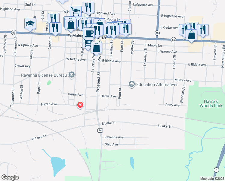 map of restaurants, bars, coffee shops, grocery stores, and more near 463 South Walnut Street in Ravenna