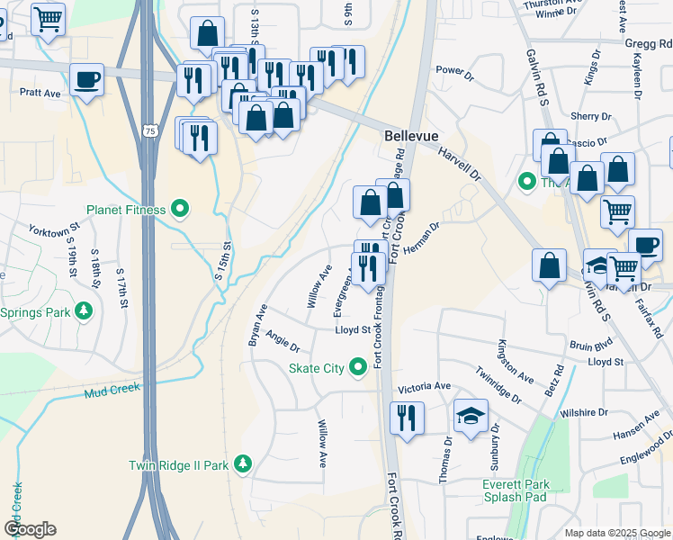 map of restaurants, bars, coffee shops, grocery stores, and more near 2707 Bryan Avenue in Bellevue