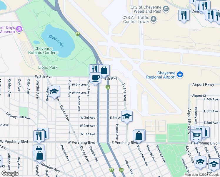 map of restaurants, bars, coffee shops, grocery stores, and more near 114 E 7th Ave in Cheyenne