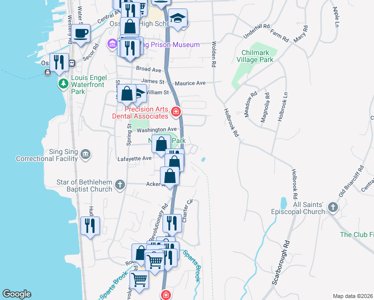 map of restaurants, bars, coffee shops, grocery stores, and more near in Ossining