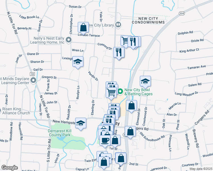 map of restaurants, bars, coffee shops, grocery stores, and more near 26 Verdin Drive in New City