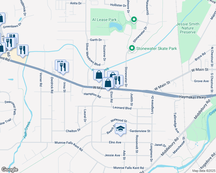 map of restaurants, bars, coffee shops, grocery stores, and more near 358 North Francis Street in Kent