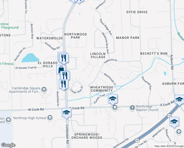 map of restaurants, bars, coffee shops, grocery stores, and more near 7915 Hidden Hills Pl in Fort Wayne