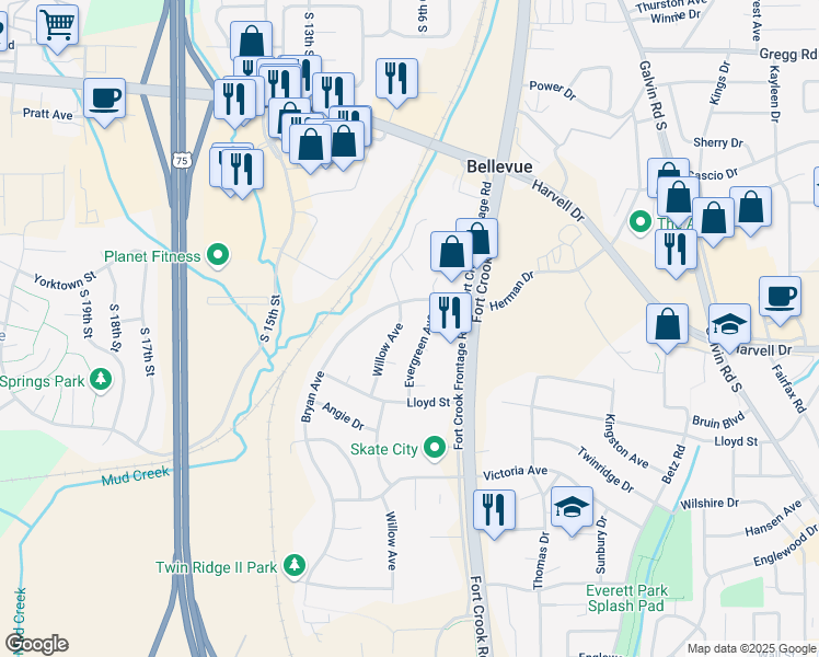 map of restaurants, bars, coffee shops, grocery stores, and more near 2707 Bryan Avenue in Bellevue