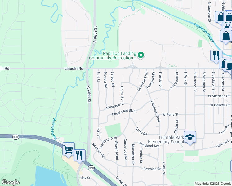 map of restaurants, bars, coffee shops, grocery stores, and more near 406 Corral Street in Papillion