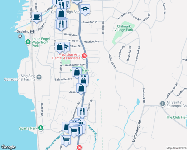 map of restaurants, bars, coffee shops, grocery stores, and more near 121 South Highland Avenue in Ossining