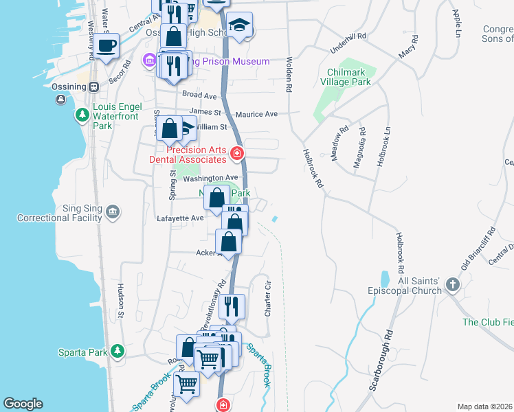 map of restaurants, bars, coffee shops, grocery stores, and more near 111 South Highland Avenue in Ossining