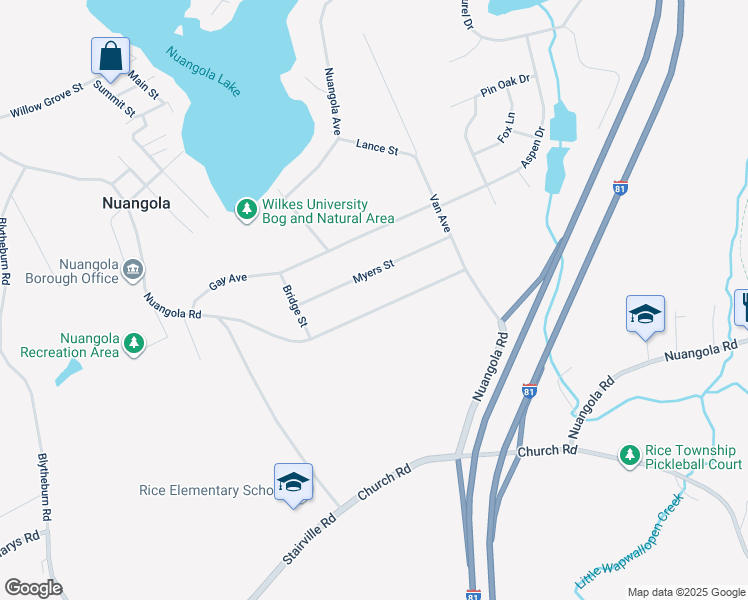 map of restaurants, bars, coffee shops, grocery stores, and more near Nuangola Road in Mountain Top