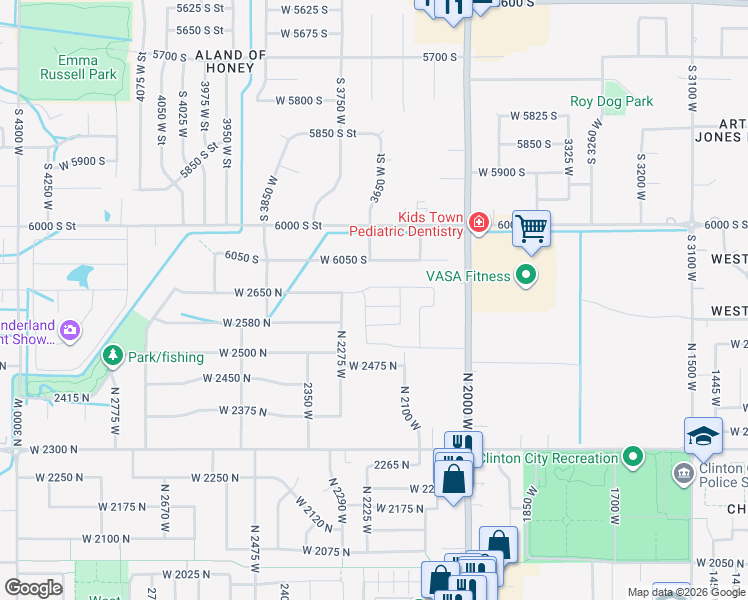 map of restaurants, bars, coffee shops, grocery stores, and more near 2216 West 2615 North in Clinton