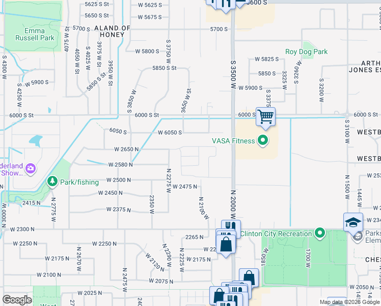 map of restaurants, bars, coffee shops, grocery stores, and more near 2186 West 2615 North in Clinton